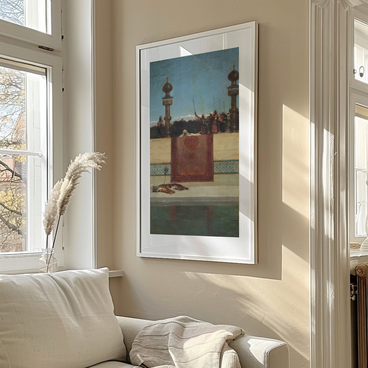 Framed art print of The Sultan's Tiger by Jean-Joseph Benjamin-Constant, in a sunlit living room above a sofa