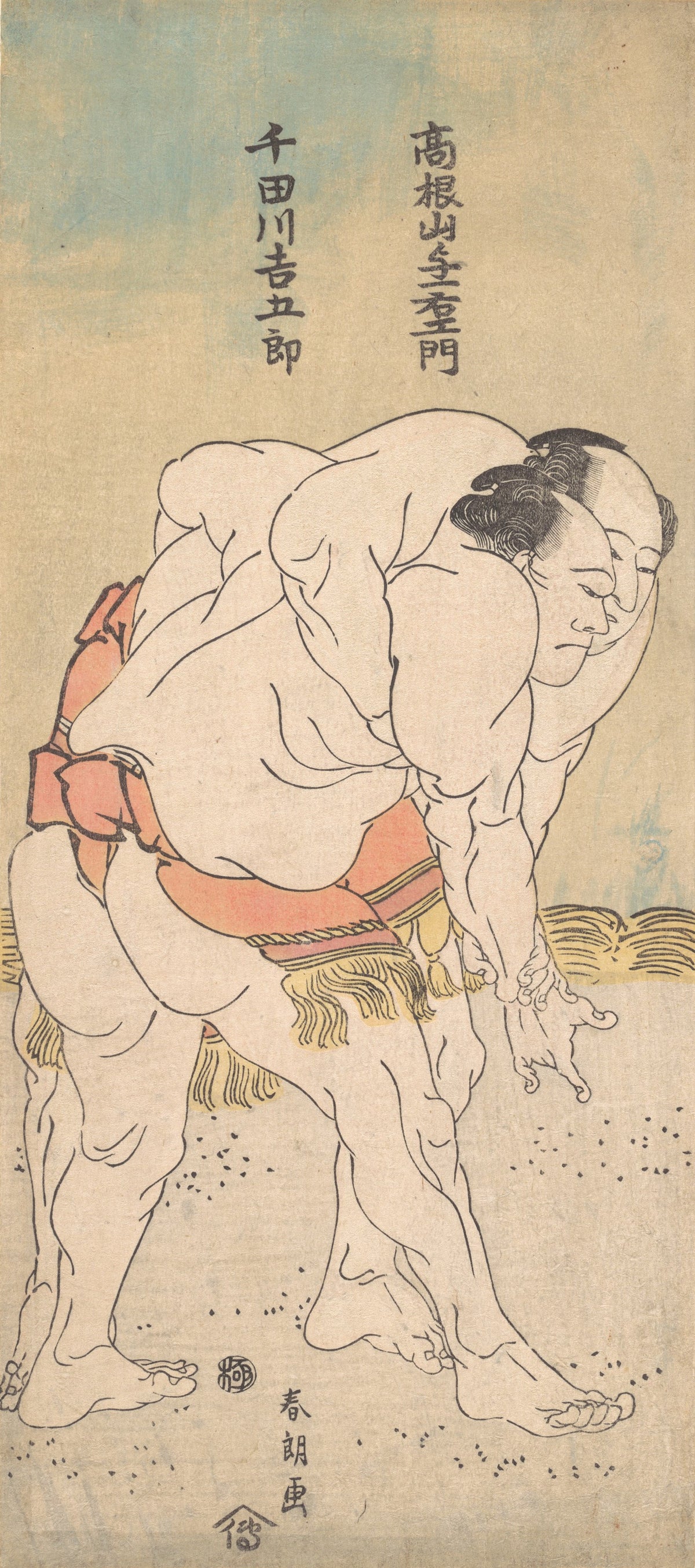 The Sumo Wrestlers Takaneyama Yoichiemon and Sendagawa Kichigorō by Katsushika Hokusai — Two sumo wrestlers crouch together, fingers hanging above the ground