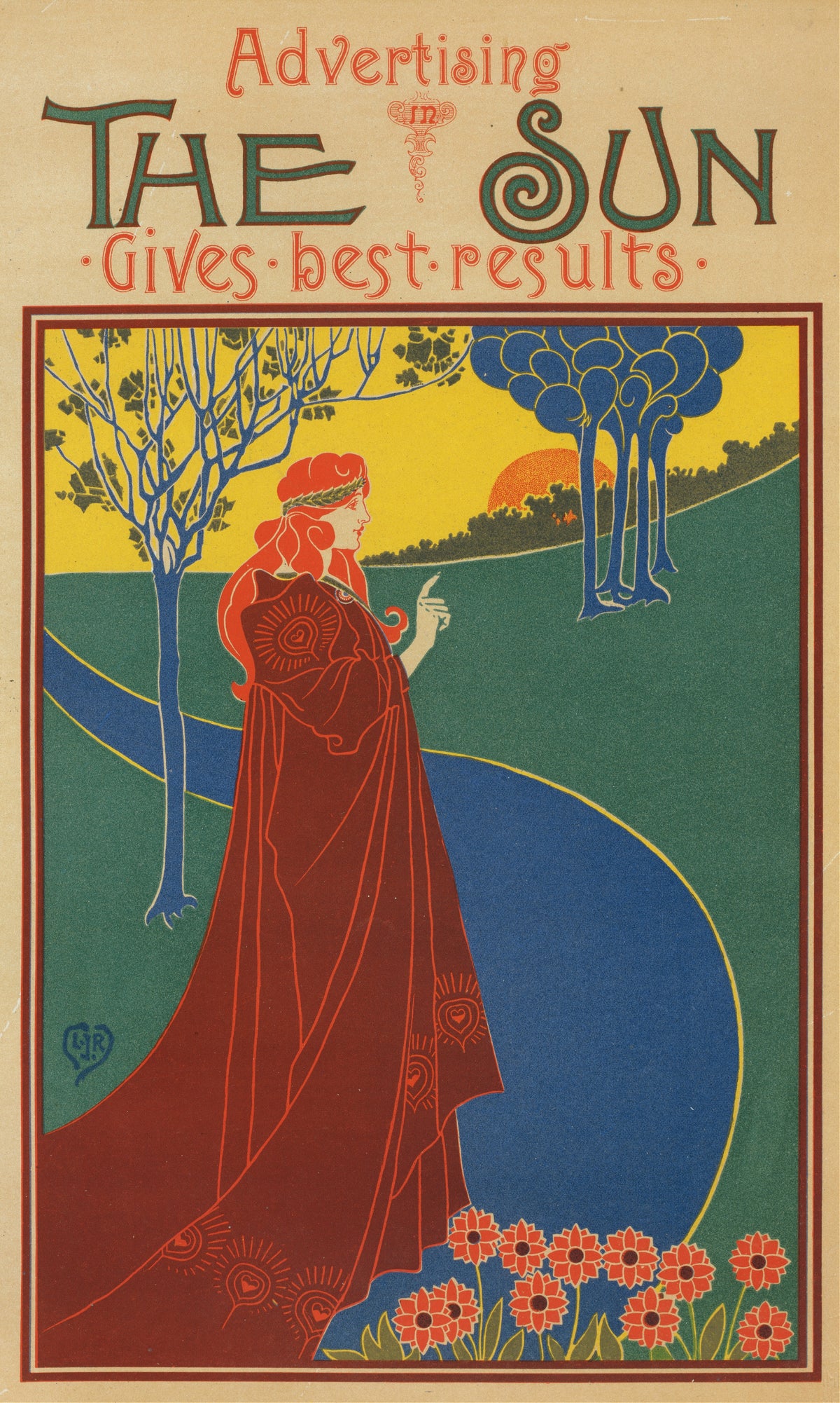 The Sun Gives Good Results by Louis Rhead — A red-haired woman in a heart-patterned cloak points at a low sun