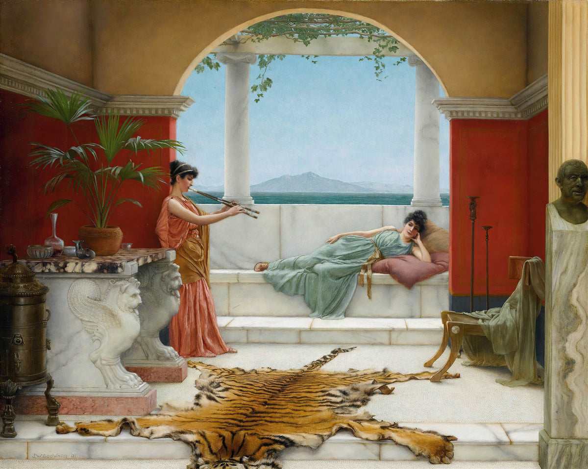 The Sweet Siesta of a Summer Day by John William Godward — A piper plays to a woman resting on cushions in a red Roman room