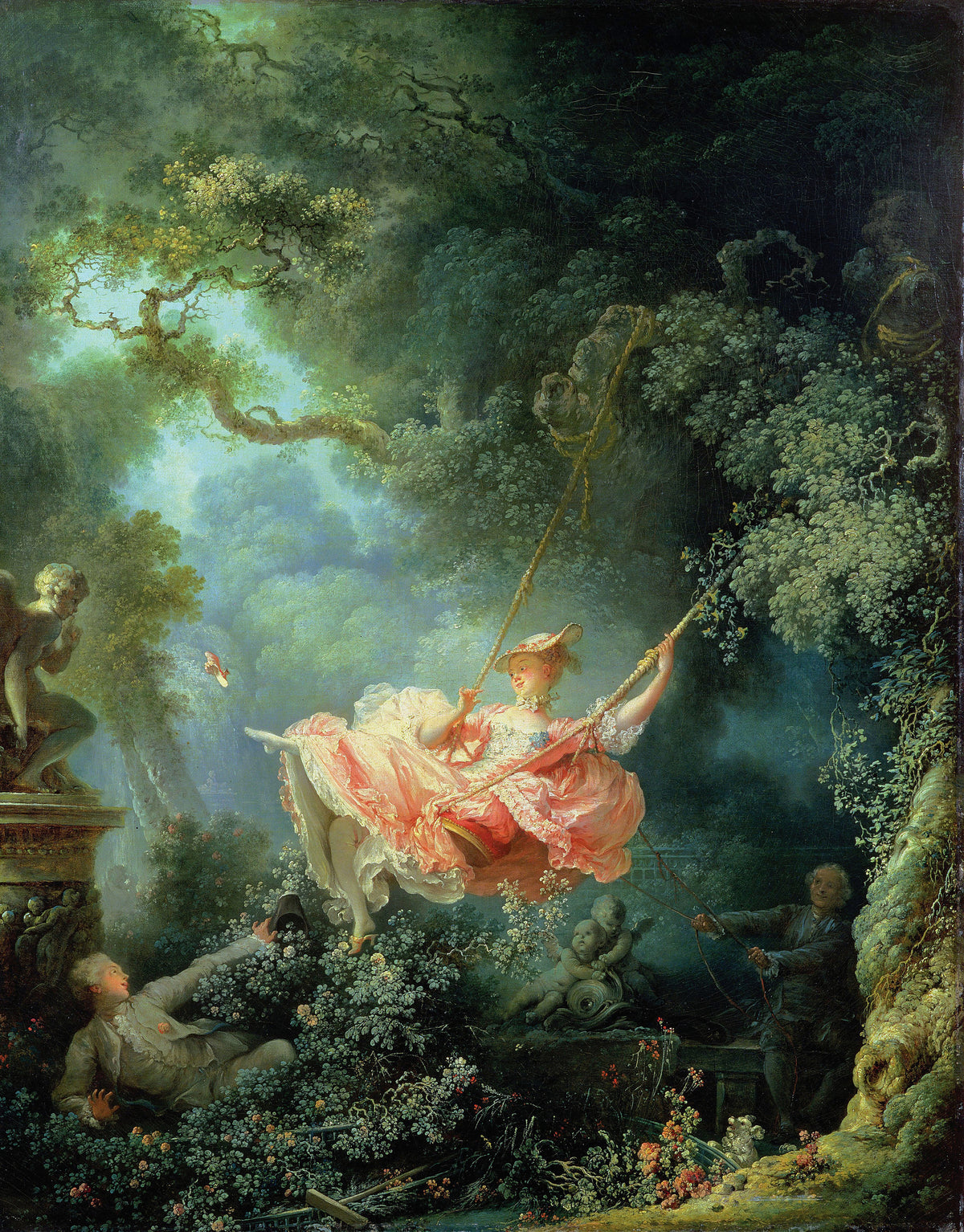 The Swing by Jean-Honoré Fragonard — A woman in pink kicks off her shoe, swinging above a hidden admirer