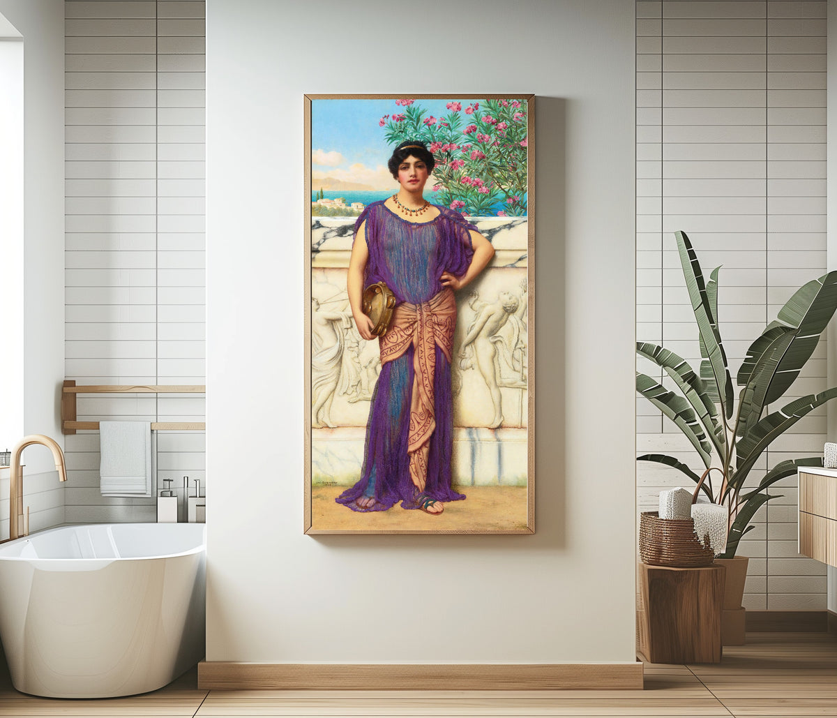Framed art print of The Tambourine Girl by John William Godward, in a bathroom beside a freestanding tub