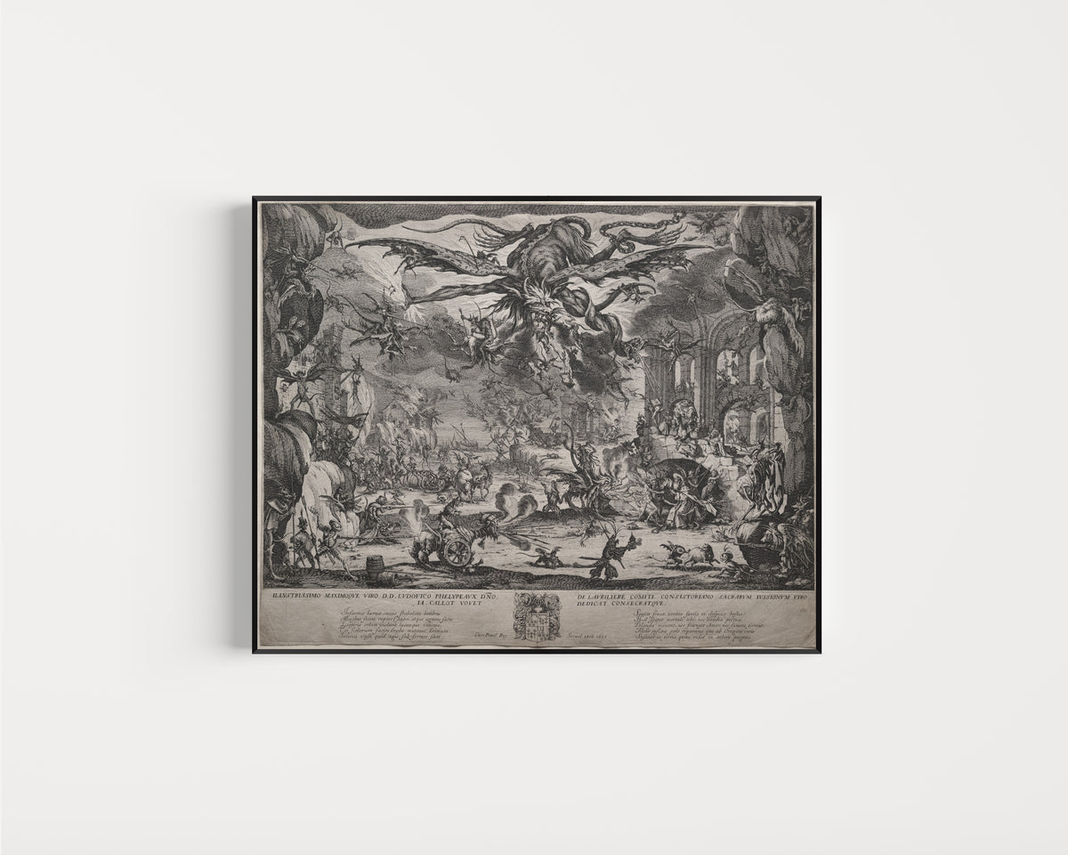 Framed art print of The Temptation of Saint Anthony (second version) by Jacques Callot, in a slim black frame on a plain white wall