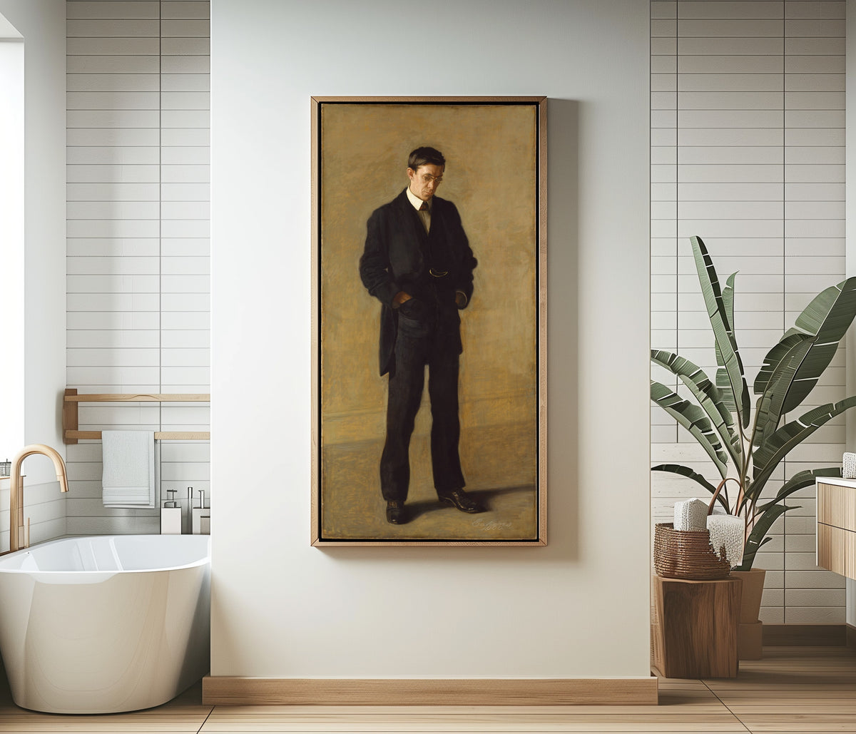 The Thinker: Portrait of Louis N. Kenton by Thomas Eakins — framed in a bathroom beside a freestanding tub