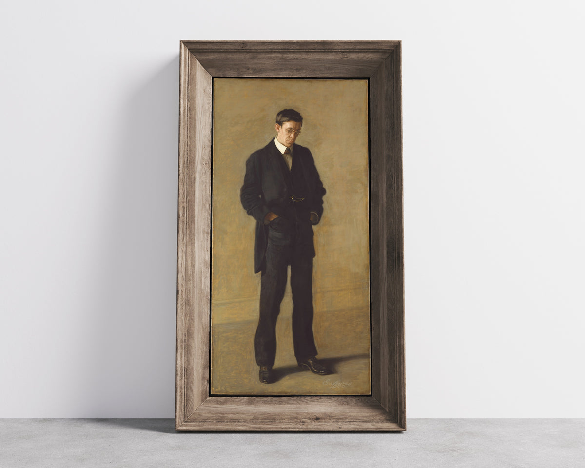 The Thinker: Portrait of Louis N. Kenton by Thomas Eakins — in a wide wooden frame leaning against a concrete wall