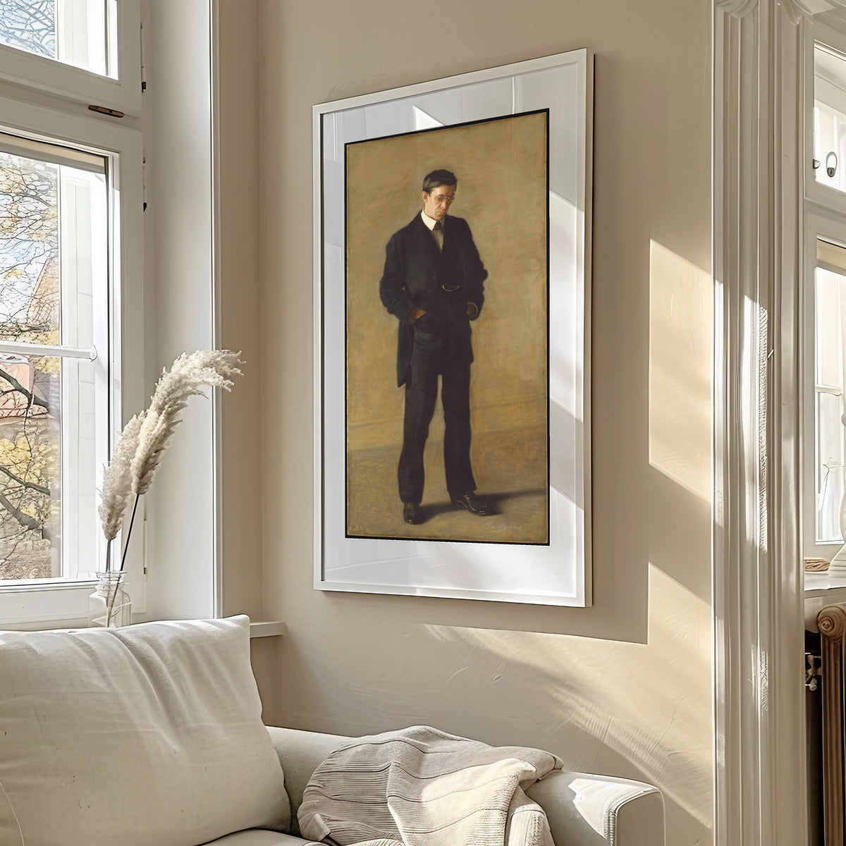 The Thinker: Portrait of Louis N. Kenton by Thomas Eakins — framed in a sunlit living room above a sofa