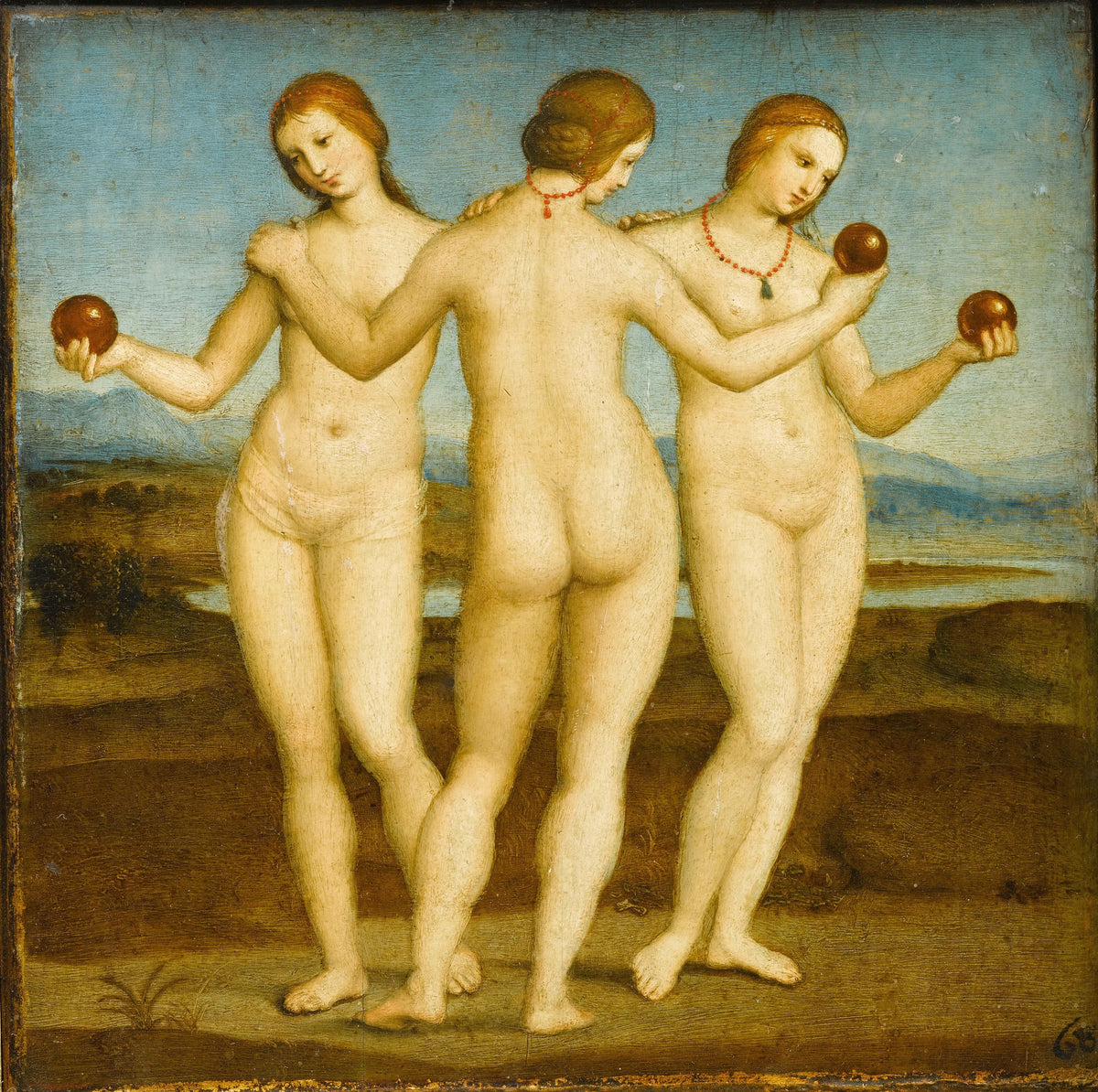 The Three Graces by Raphael — Three women with arms linked, each holding a red sphere