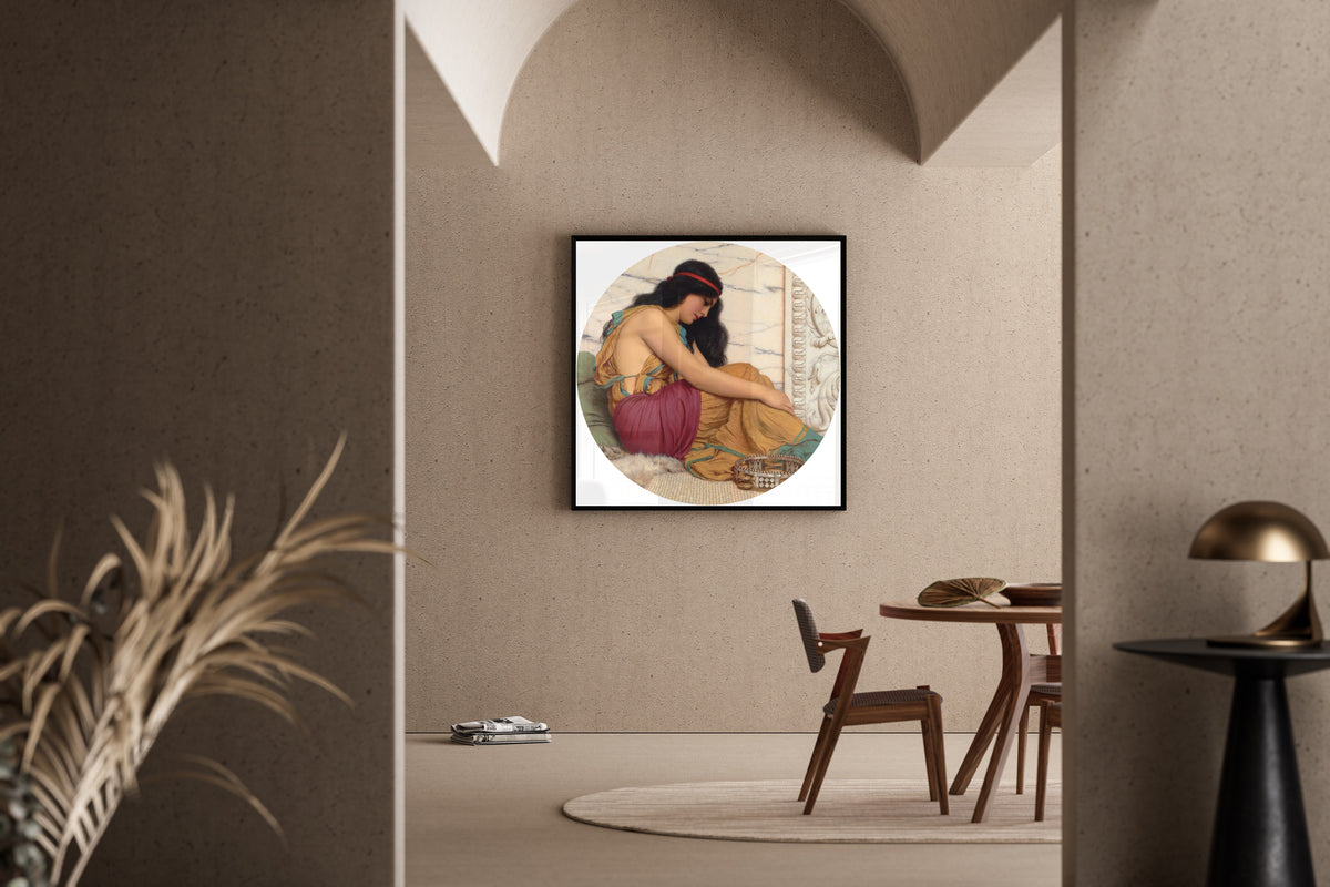 Framed art print of The Tired Danseuse by John William Godward, in a sunlit dining corner