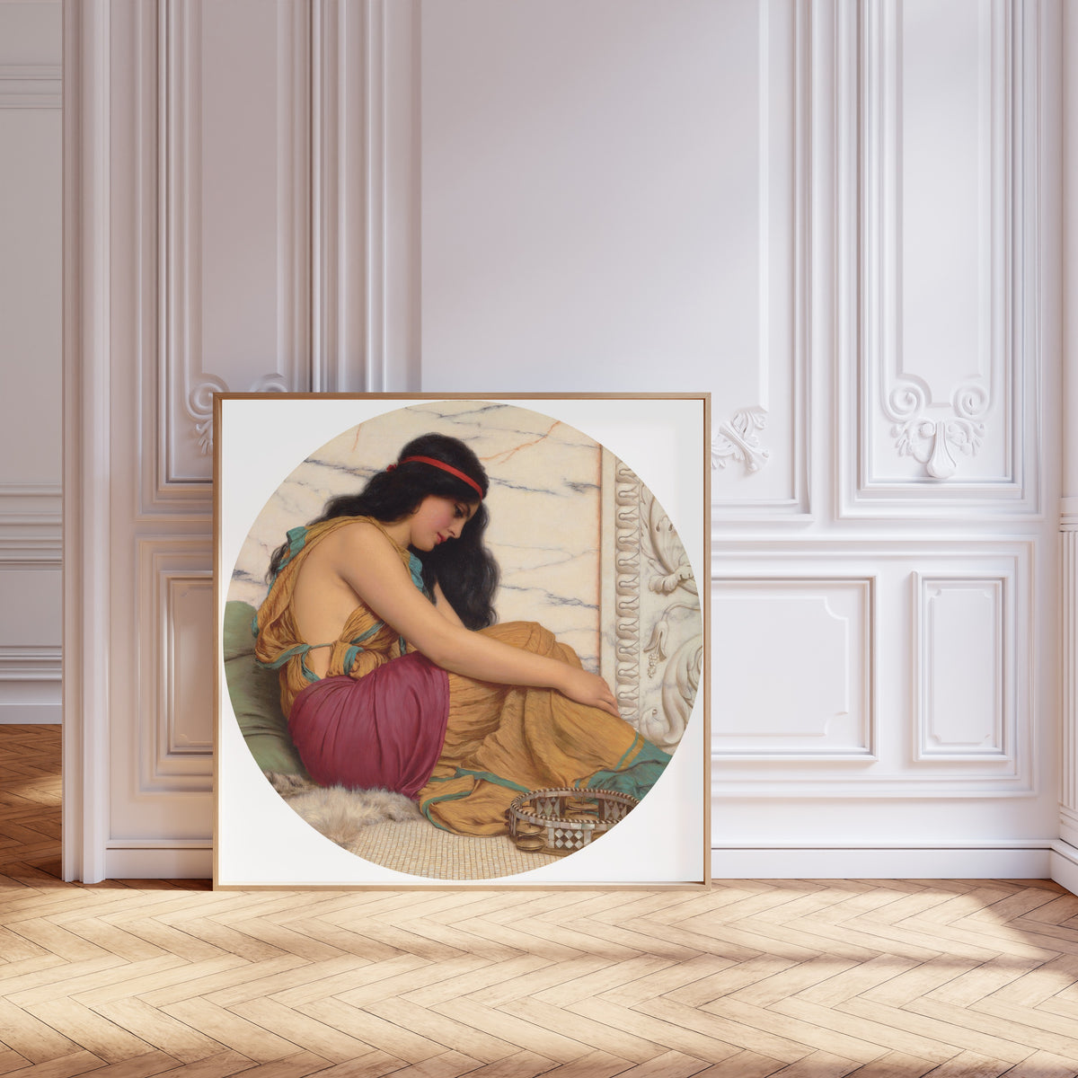 Framed art print of The Tired Danseuse by John William Godward, leaning against pale pink panelling on a herringbone floor