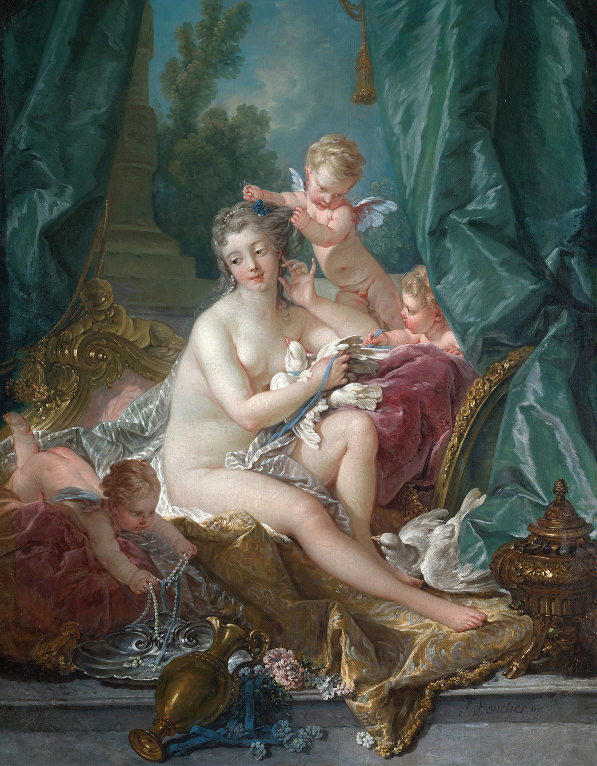 The Toilette of Venus by François Boucher — Venus ties a ribbon on a dove as putti arrange her hair and pearls