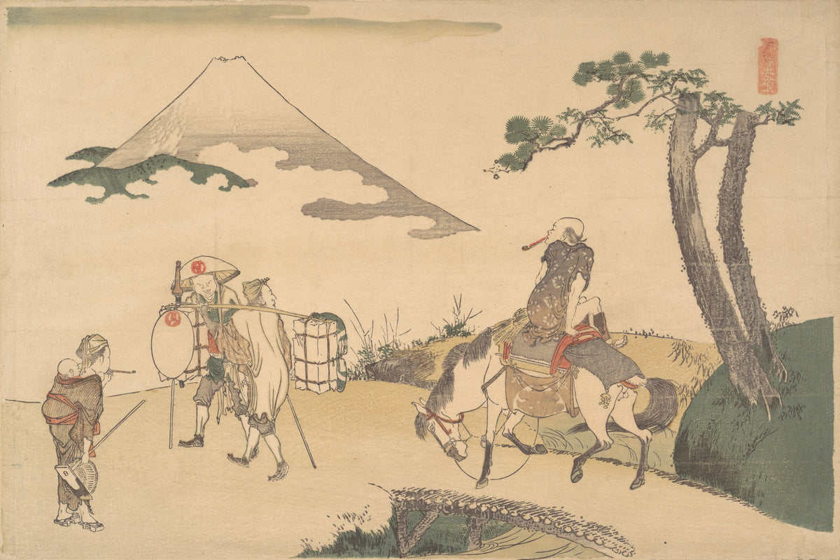 The Top of Mount Fuji by Katsushika Hokusai — Travellers on a road below a faint, cloud-veiled Fuji