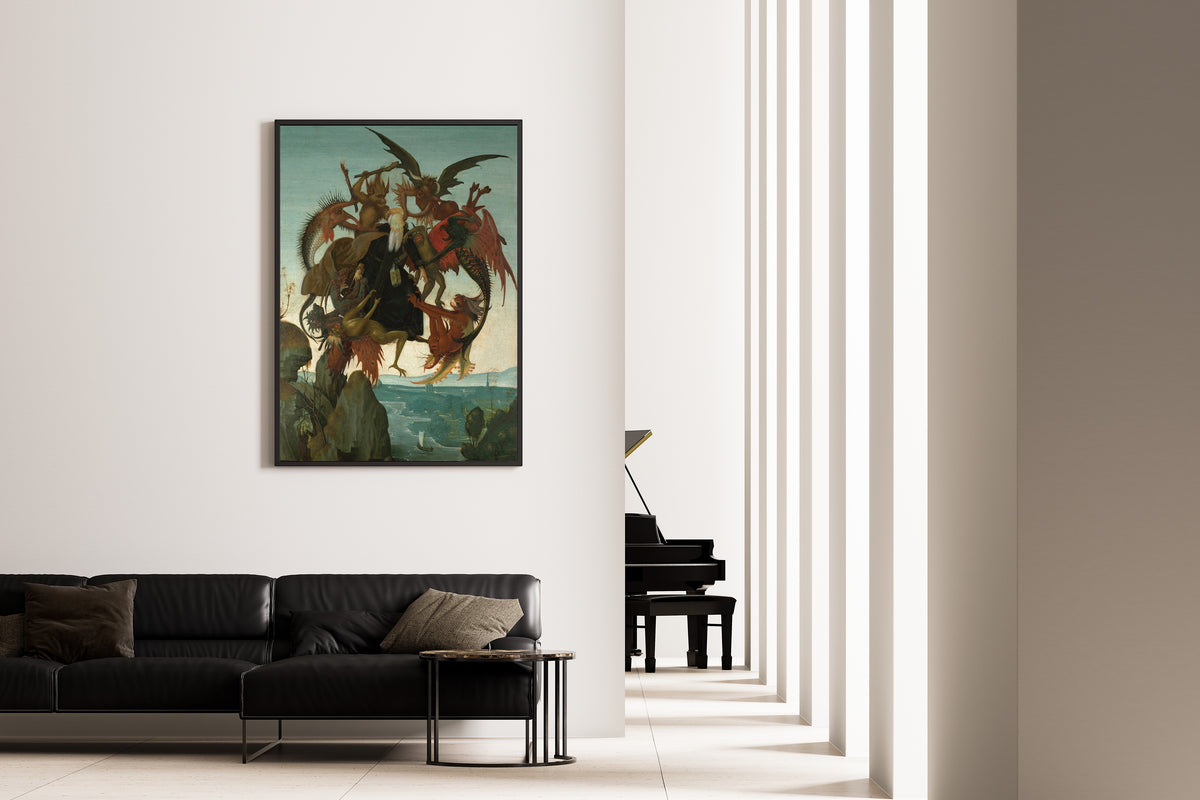 Framed art print of The Torment of Saint Anthony by Michelangelo, on the wall of a minimal living room