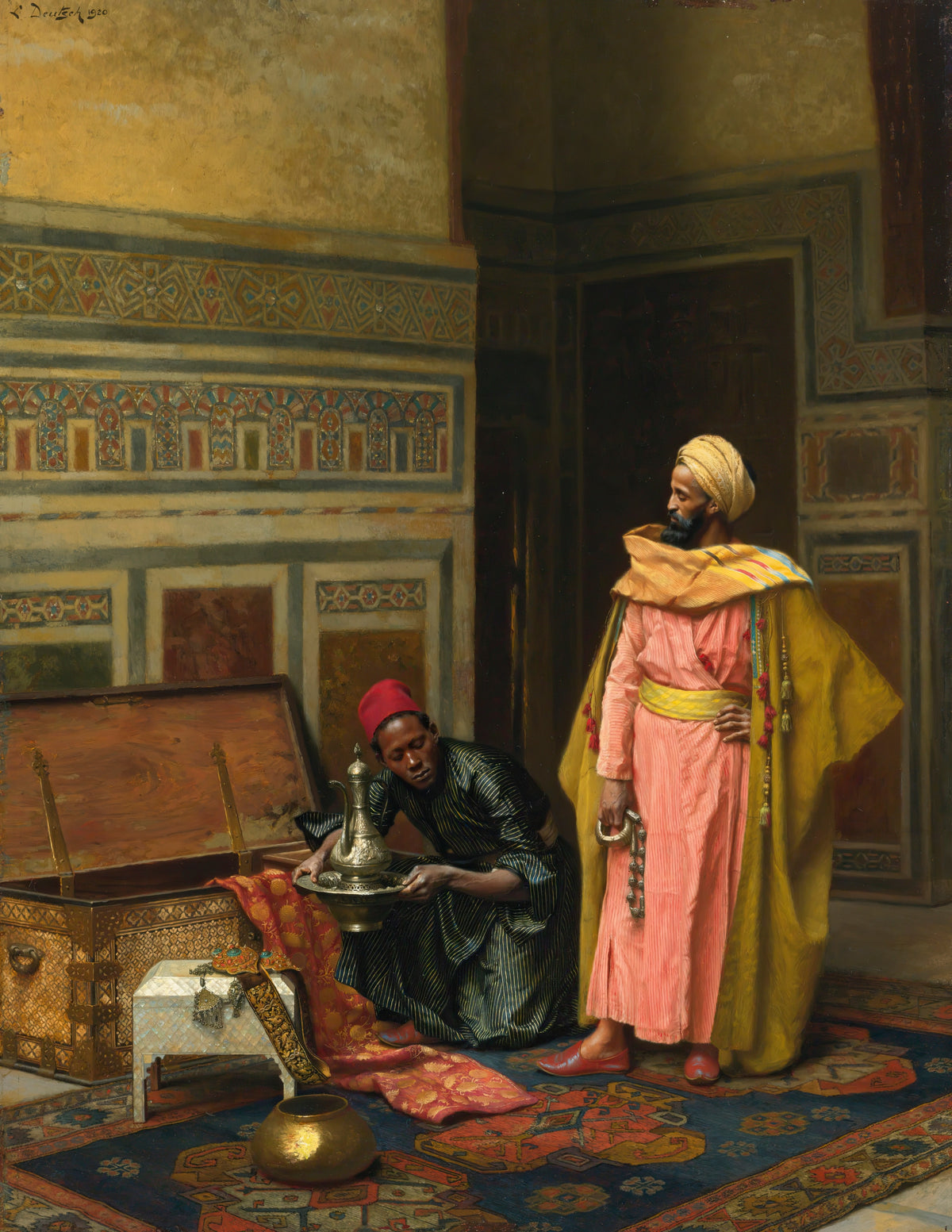 The Treasure Chest by Ludwig Deutsch — A kneeling man lifts a silver ewer from an open chest of treasures