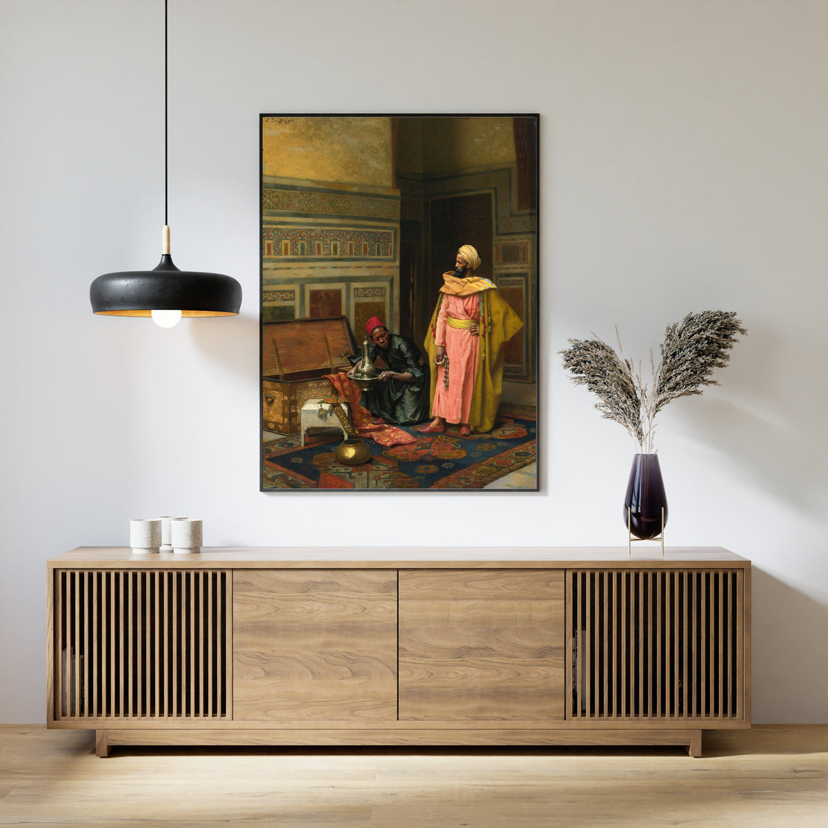 Framed art print of The Treasure Chest by Ludwig Deutsch, above a slatted wood sideboard