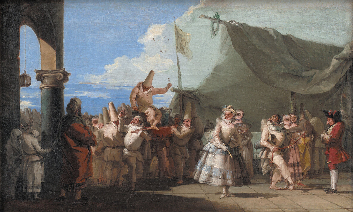 The Triumph of Pulcinella by Giovanni Domenico Tiepolo — Pulcinella is carried aloft by a crowd of cone-hatted masks