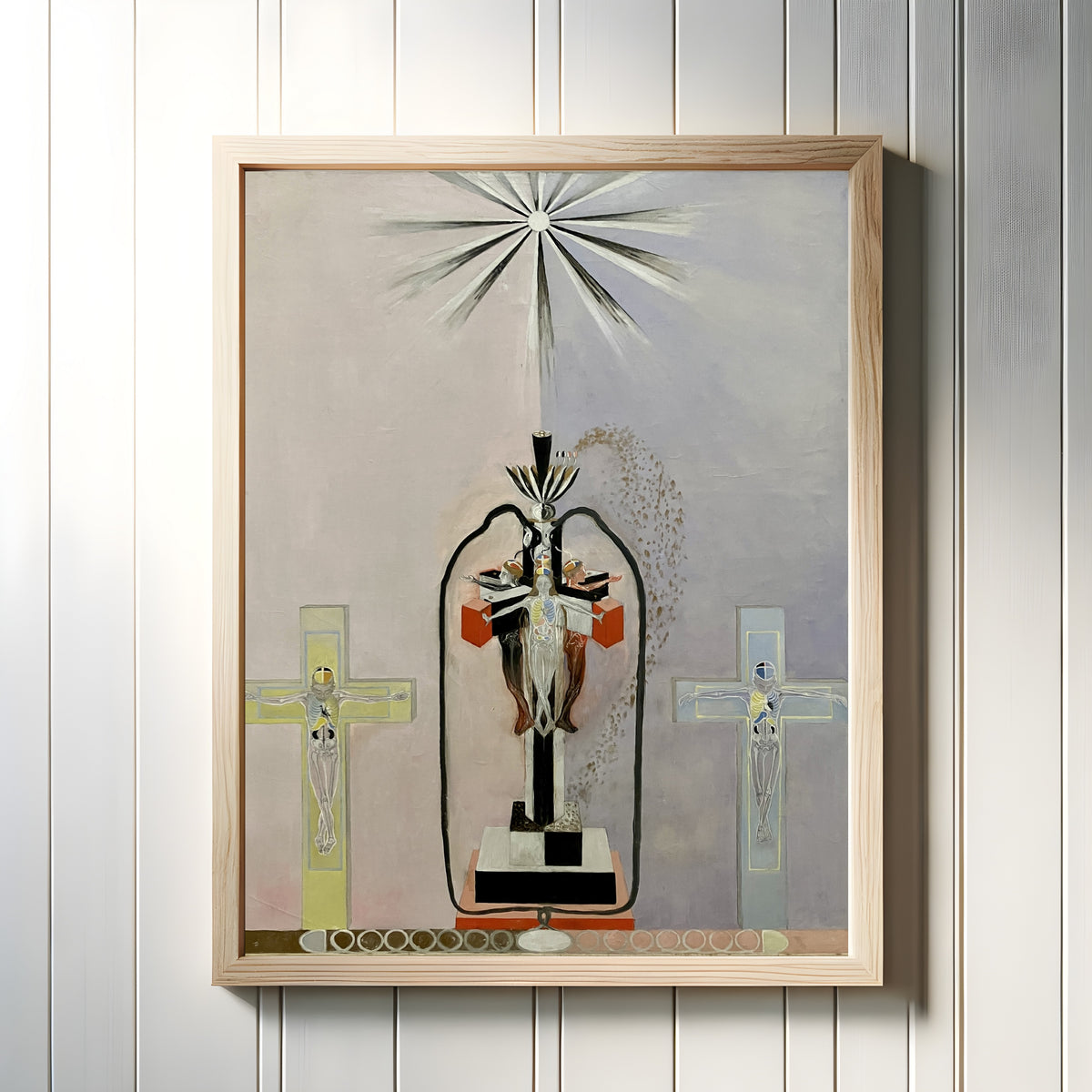 Framed art print of The US Series, Group VIII, No. 5 by Hilma af Klint, in a light wood frame on a white panelled wall