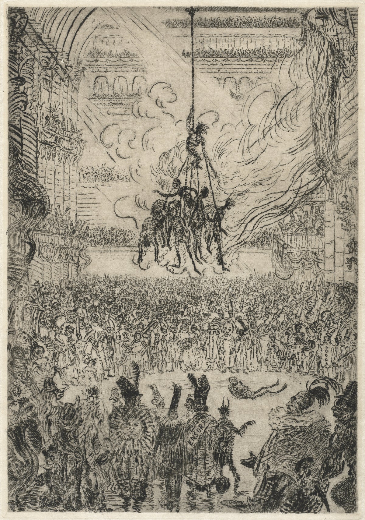 The Vengeance of Hop-Frog by James Ensor — A jester climbs a chain above burning captives in a packed hall