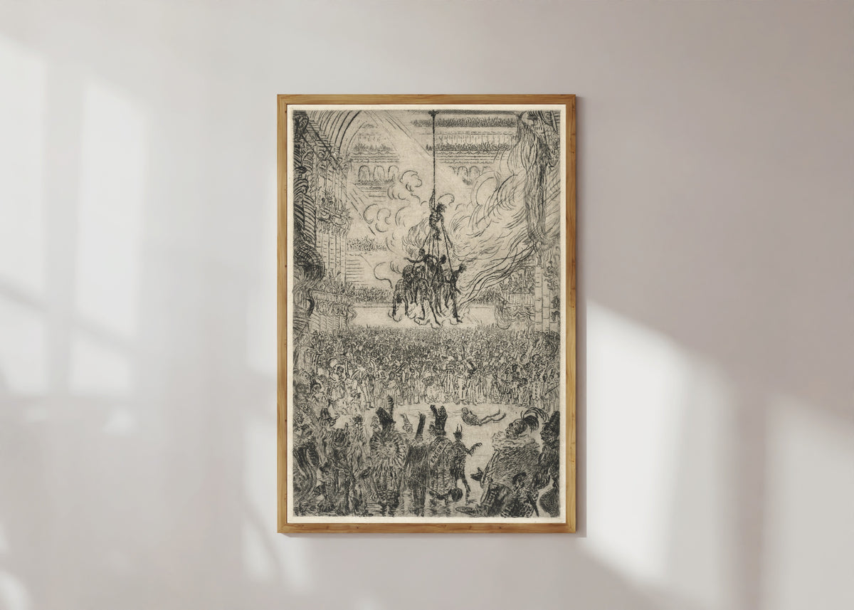 Framed art print of The Vengeance of Hop-Frog by James Ensor, in a light wood frame on a sunlit white wall