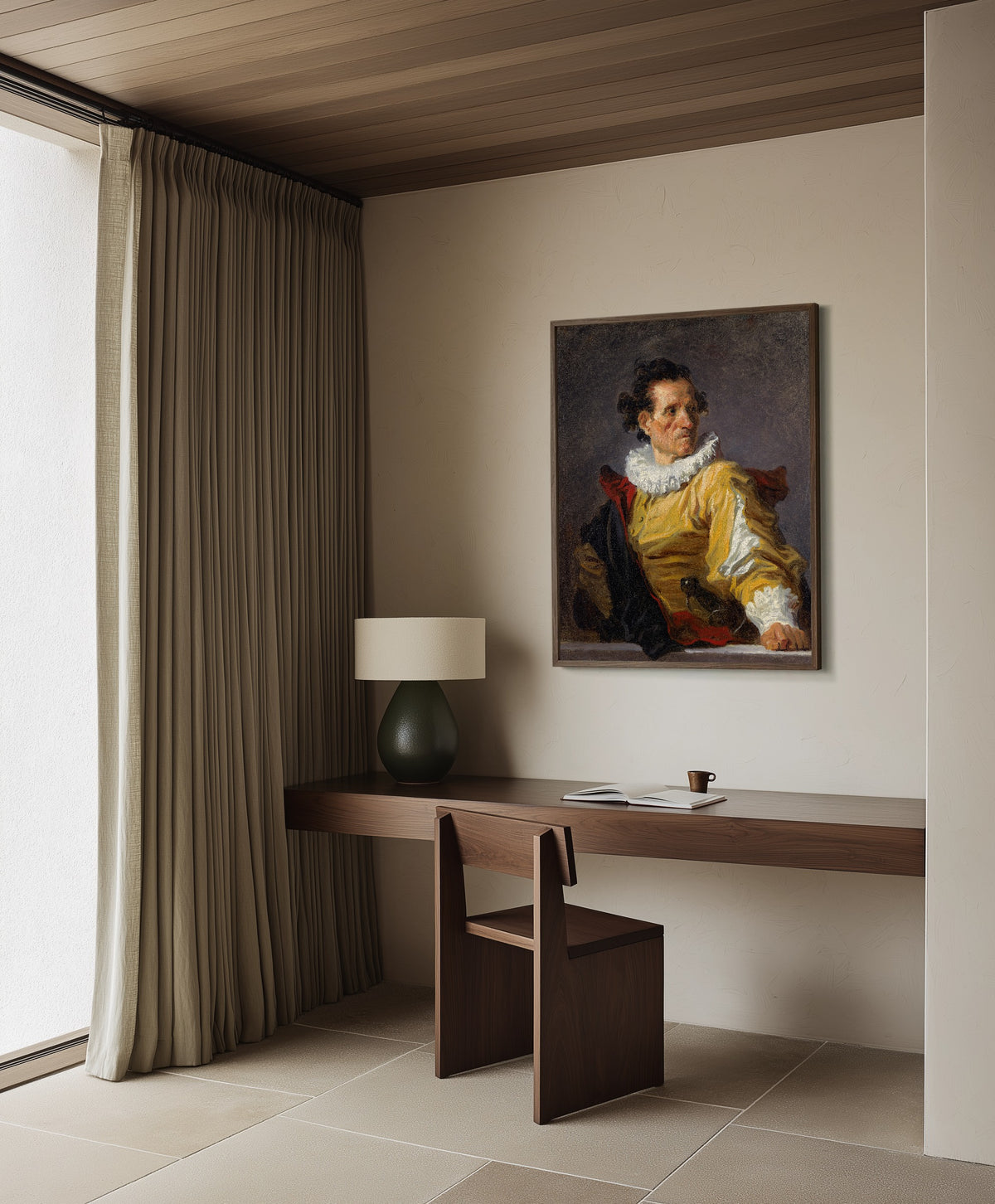 Framed art print of The Warrior by Jean-Honoré Fragonard, in a dark wood frame on a plaster wall above a walnut desk