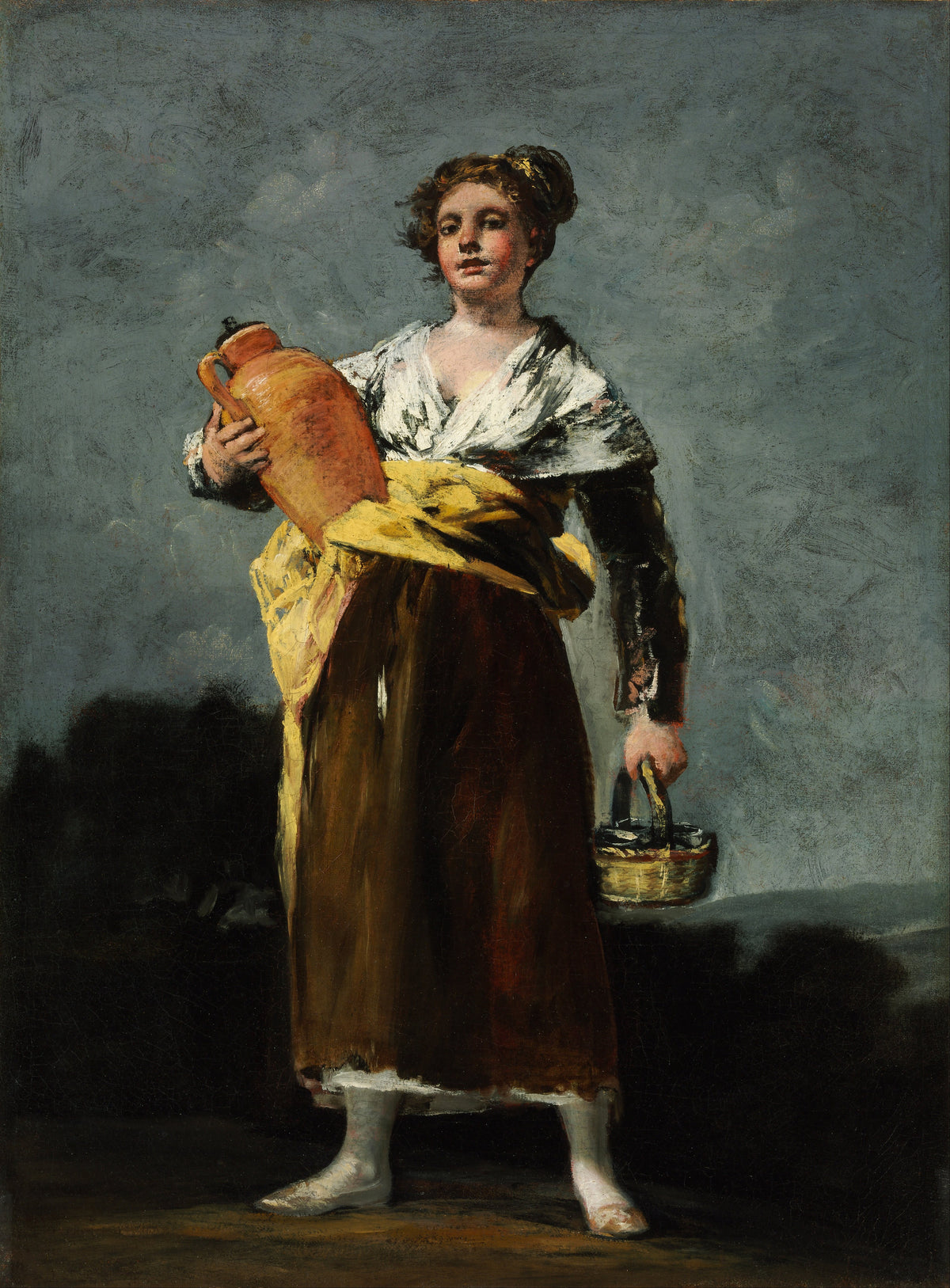 The Water Carrier (La Aguadora) by Francisco de Goya — A young water carrier with a clay jug stands tall against a grey sky