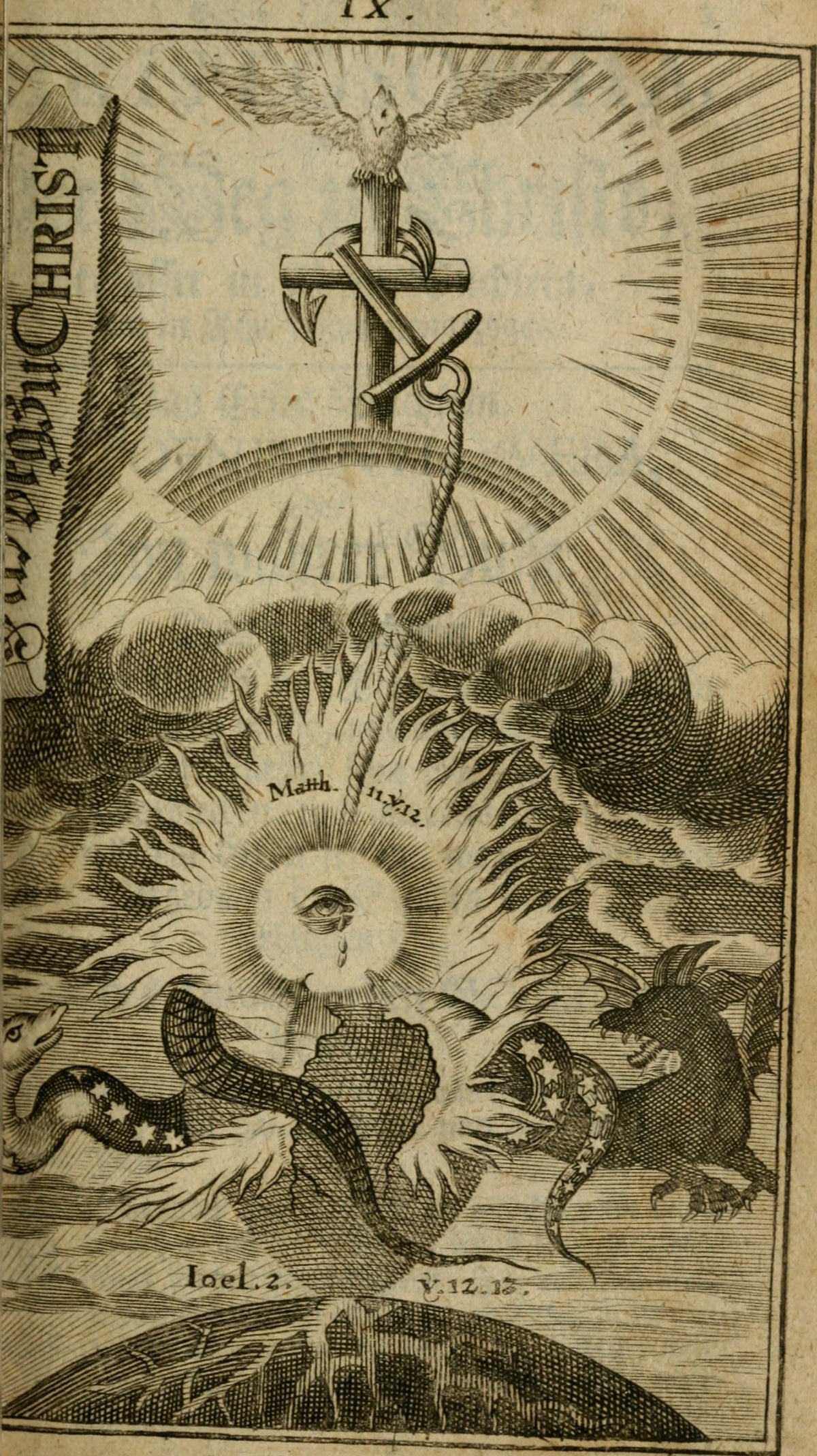 The Way to Christ: the Sun, Serpents and the Cross (Theosophia revelata) by Jakob Böhme — A dove on a cross and anchor above a weeping eye and a split heart