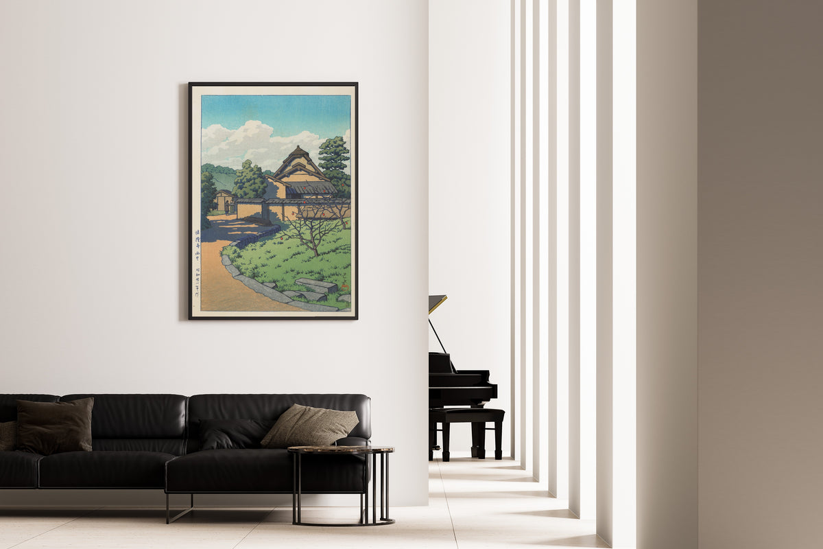 Framed art print of The West Village, Horyuji Temple by Kawase Hasui, on the wall of a minimal living room