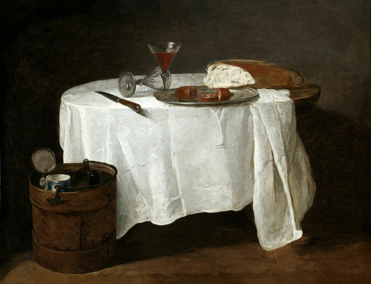 The White Tablecloth by Jean-Siméon Chardin — A white-draped table with wine, bread, sausage and a knife