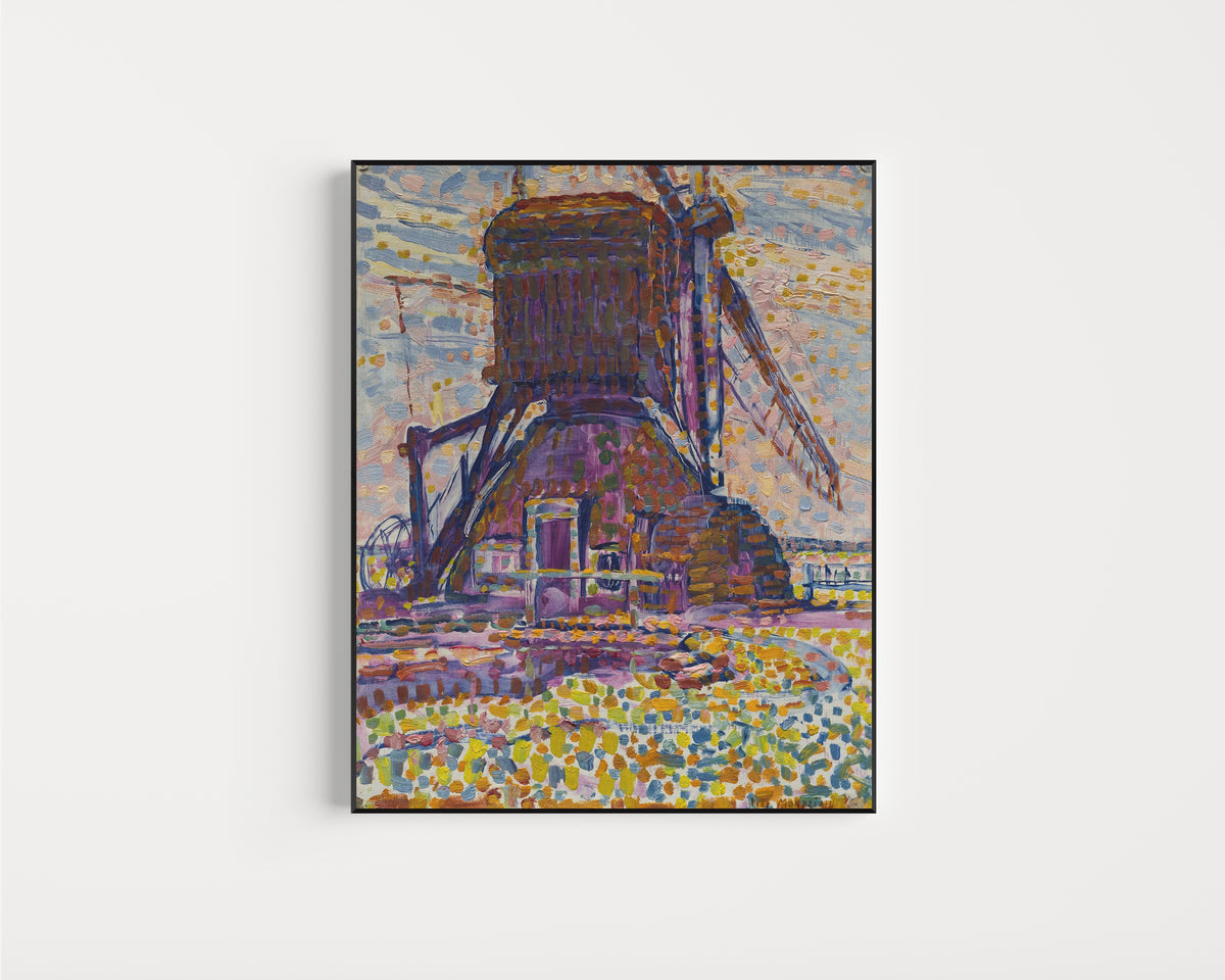 Framed art print of The Winkel Mill by Piet Mondrian, in a slim black frame on a plain white wall
