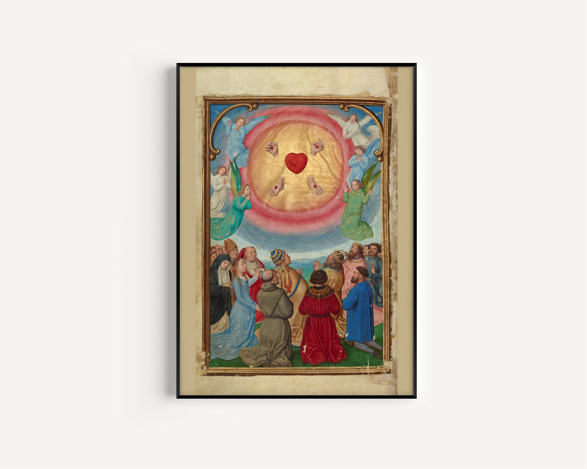 Framed art print of The Worship of the Five Wounds by Simon Bening, in a slim black frame on a plain white wall