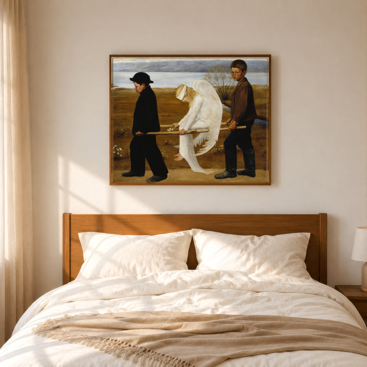Framed art print of The Wounded Angel by Hugo Simberg, in a slim wood frame above a bed in a sunlit bedroom