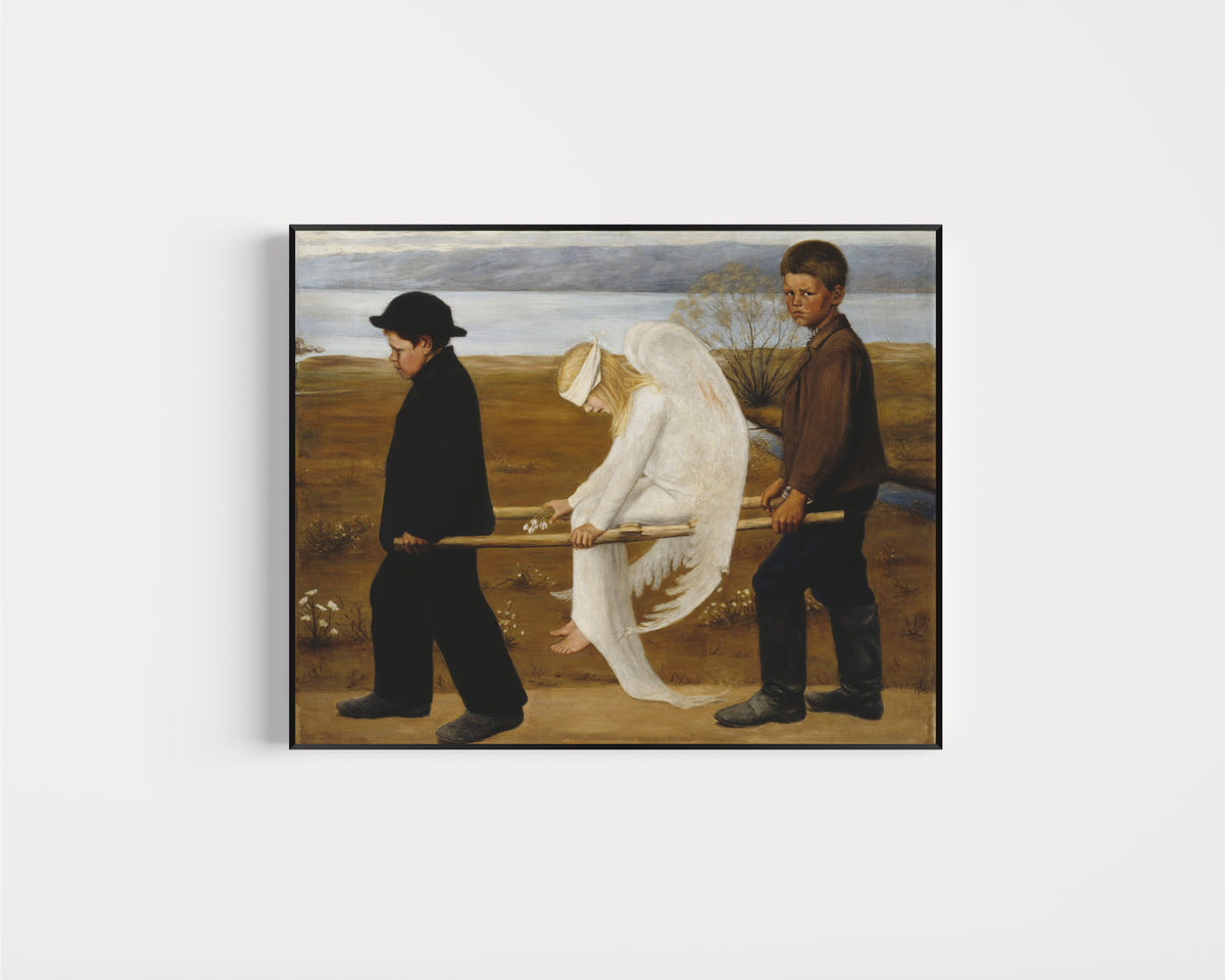 Framed art print of The Wounded Angel by Hugo Simberg, in a slim black frame on a plain white wall