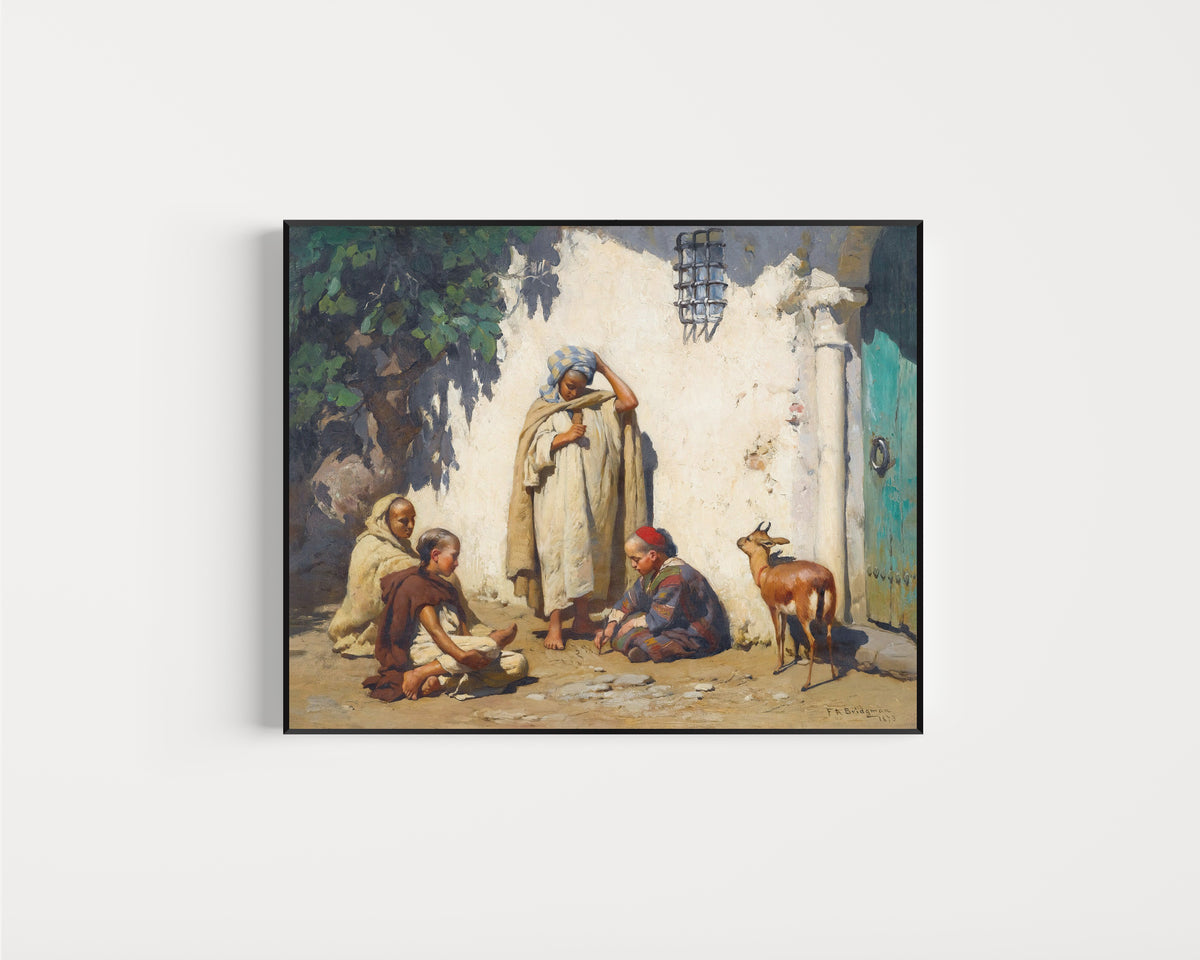 Framed art print of The Young Scribe by Frederick Arthur Bridgman, in a slim black frame on a plain white wall