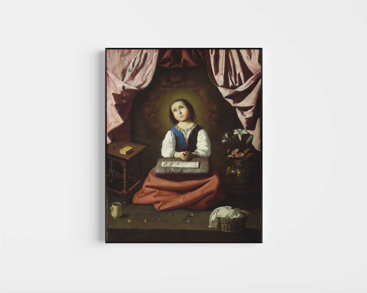 Framed art print of The Young Virgin by Francisco de Zurbarán, in a slim black frame on a plain white wall