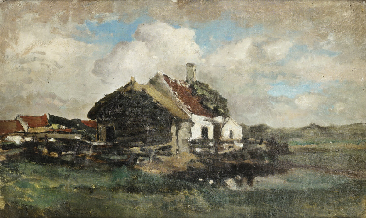The abandoned house by Félicien Rops — A thatched barn and white cottage by a still pond under big clouds