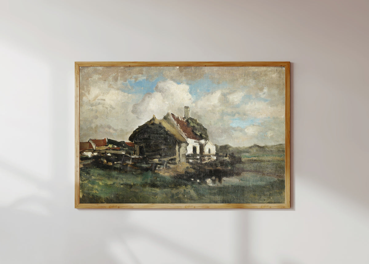 Framed art print of The abandoned house by Félicien Rops, in a light wood frame on a sunlit white wall