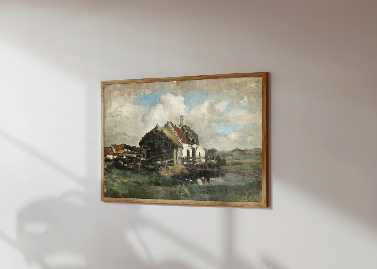 Framed art print of The abandoned house by Félicien Rops, in a light wood frame on a sunlit white wall, seen at a slight angle
