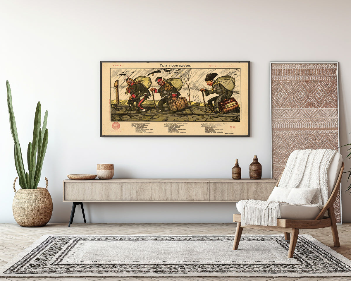 Framed art print of The three grenadiers by Viktor Deni, above a sideboard in a living room