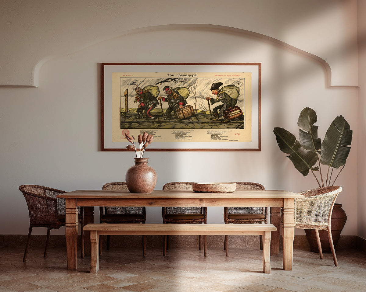Framed art print of The three grenadiers by Viktor Deni, above a wooden dining table