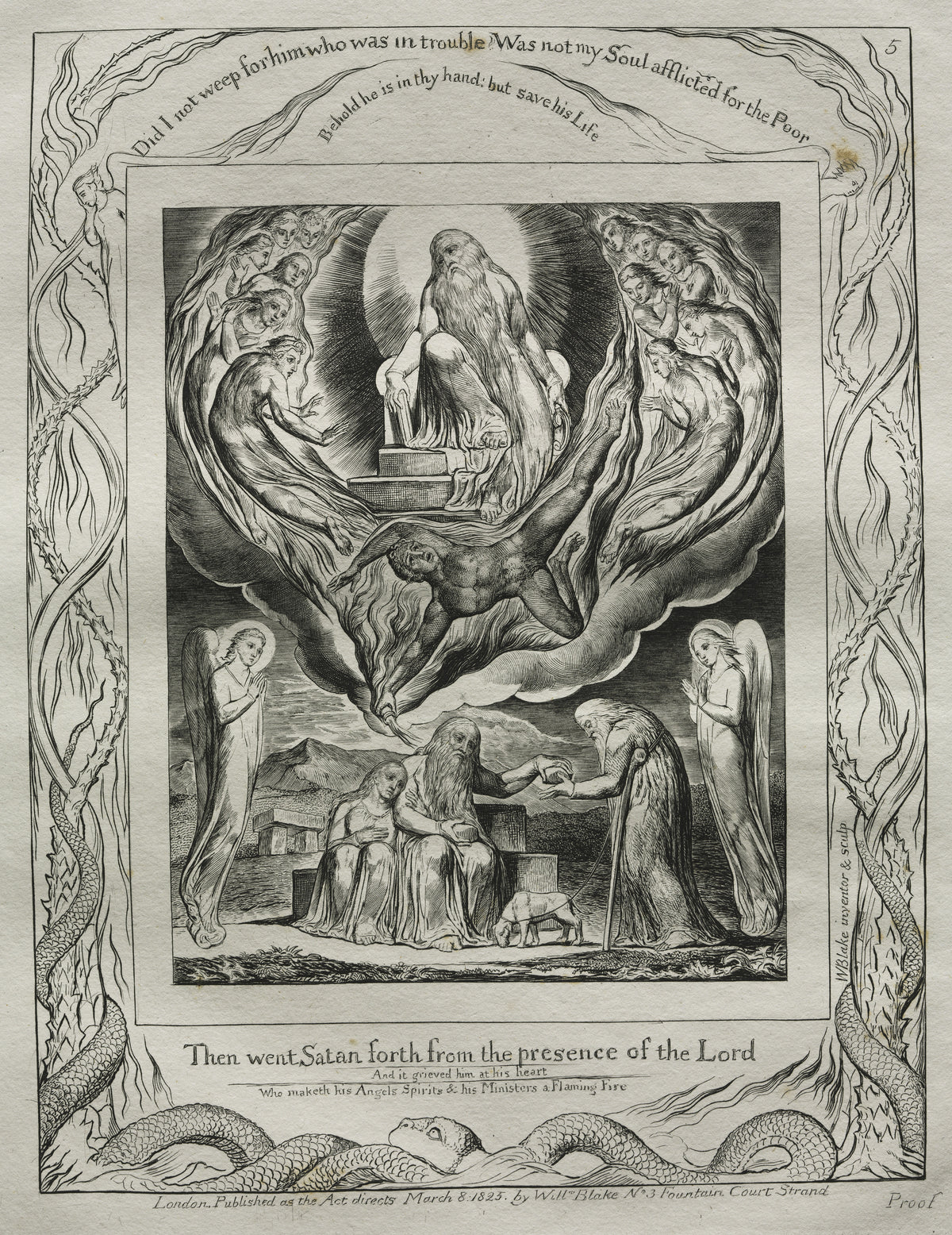 Then Went Satan Forth from the Presence of the Lord (Book of Job, Plate 5) by William Blake — Satan leaps from the Lord's presence as Job shares bread with a