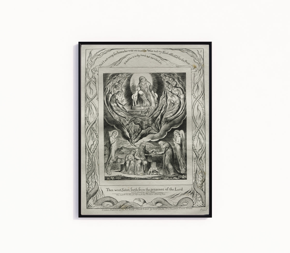 Framed art print of Then Went Satan Forth from the Presence of the Lord (Book of Job, Plate 5) by William Blake, in a slim black frame on a plain white wall