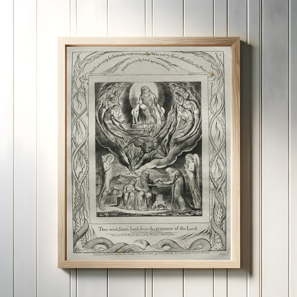 Framed art print of Then Went Satan Forth from the Presence of the Lord (Book of Job, Plate 5) by William Blake, in a light wood frame on a white panelled wall
