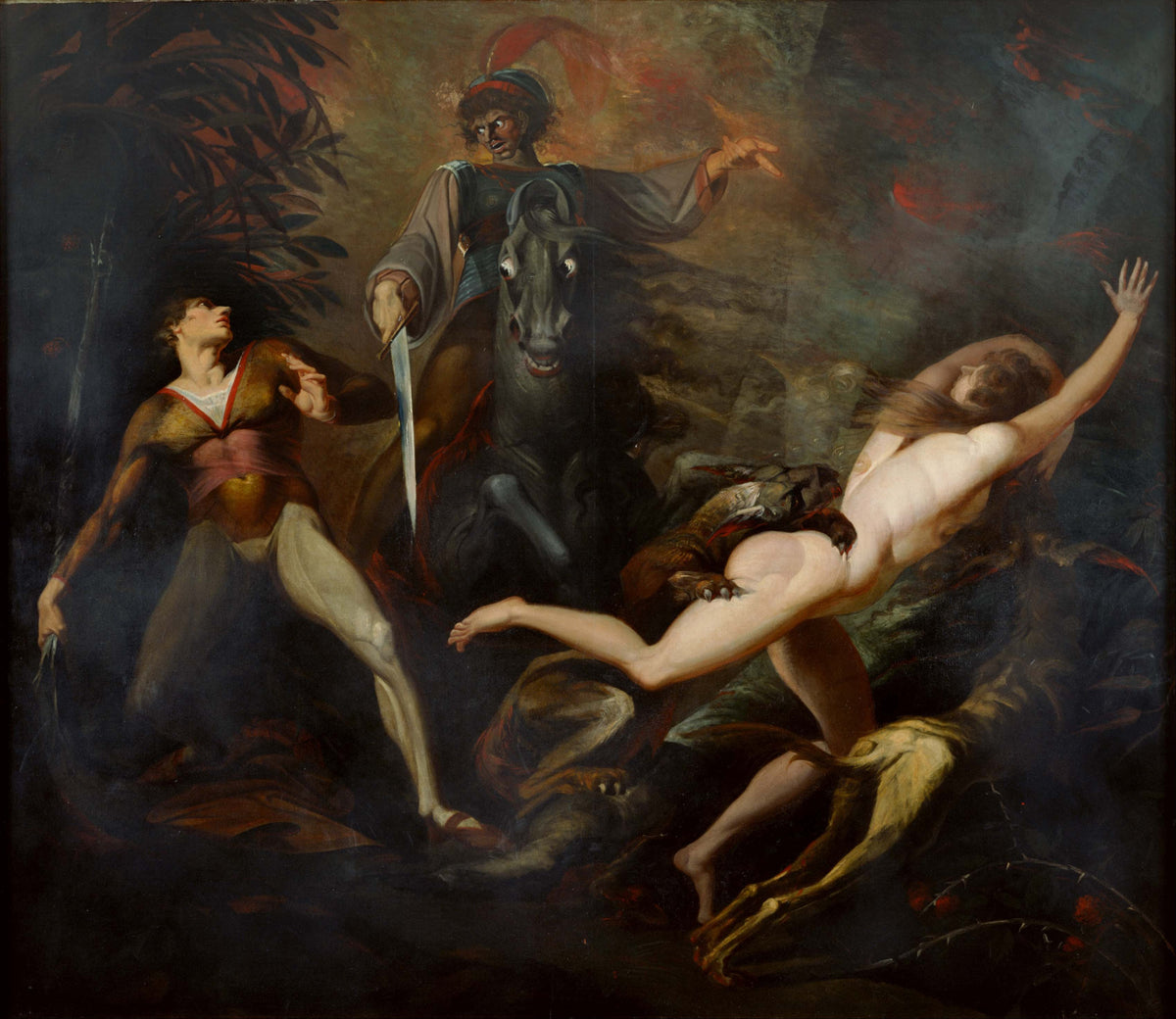 Theodore Meets in the Wood the Spectre of His Ancestor Guido Cavalcanti by Henry Fuseli — A spectral rider and hounds hunt a fleeing woman in a dark wood