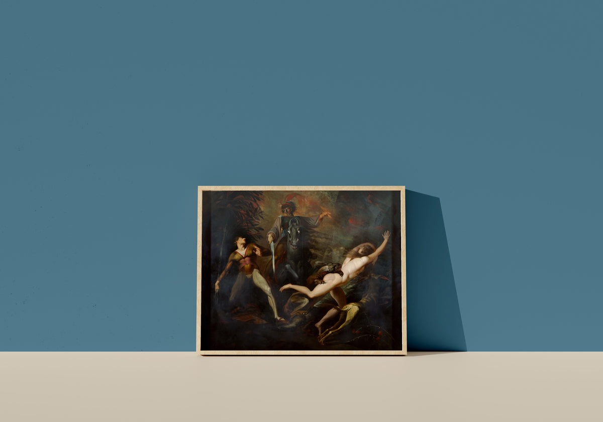 Framed art print of Theodore Meets in the Wood the Spectre of His Ancestor Guido Cavalcanti by Henry Fuseli, in a light wood frame leaning on a blue wall