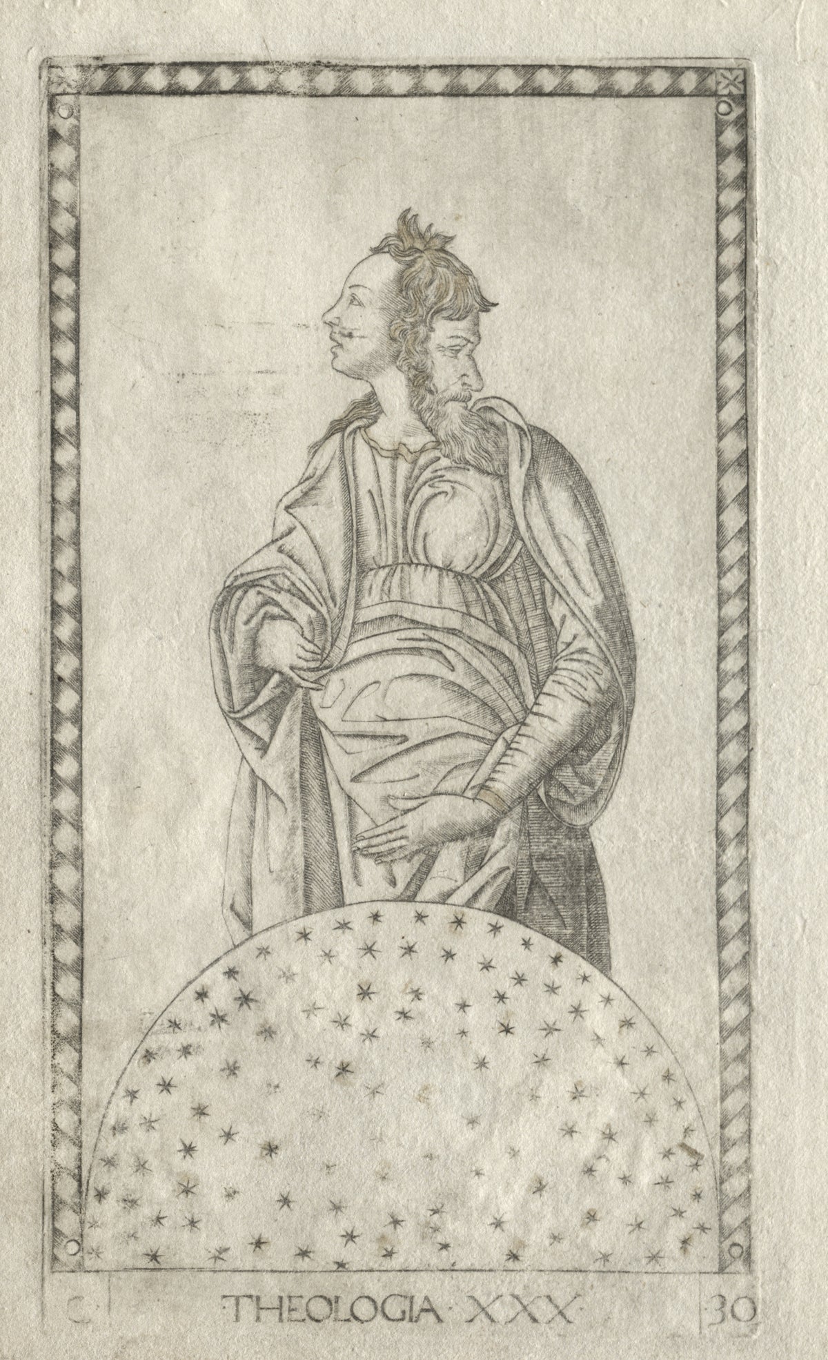 Theology (from the Tarocchi, Series C: Liberal Arts, no. 30) by Master of the E-Series Tarocchi — Two-faced Theology stands above a dome scattered with stars