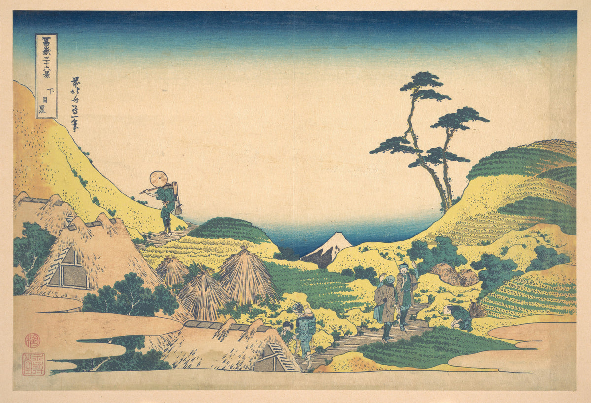 Thirty-six Views of Mount Fuji: Lower Meguro by Katsushika Hokusai — A terraced valley of thatched huts opens to the sea and Fuji