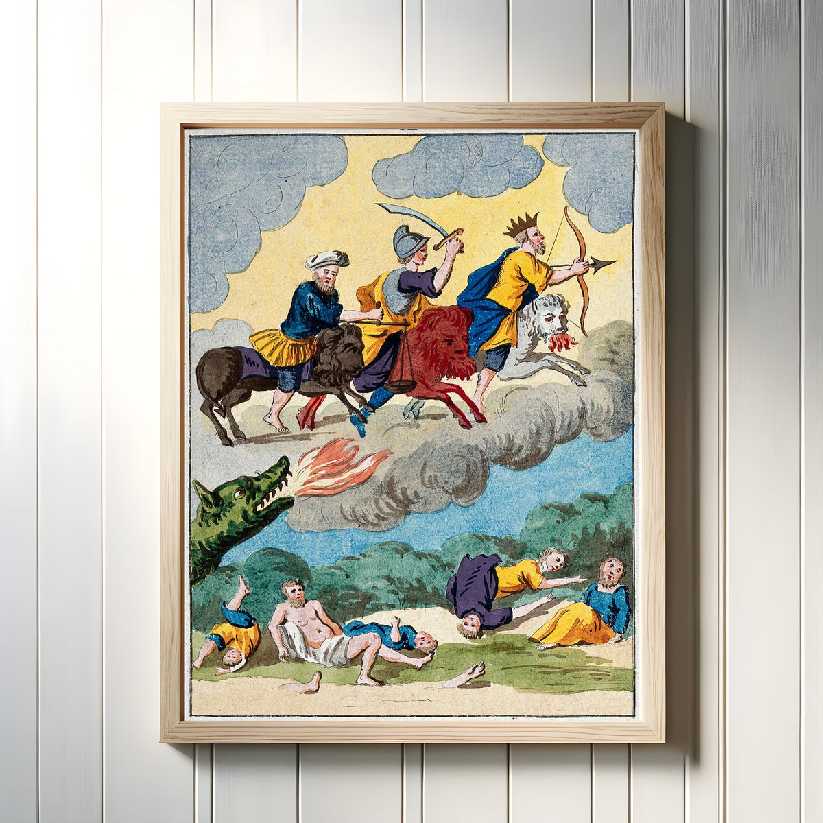 Framed art print of Three Riders on Black, Red and White Lions by After Nicolas Flamel, in a light wood frame on a white panelled wall