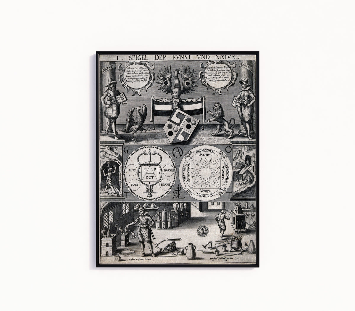 Framed art print of Three-Tiered Symbolic Diagram of the Art of Alchemy (Spiegel der… by Stephan Michelspacher, in a slim black frame on a plain white wall