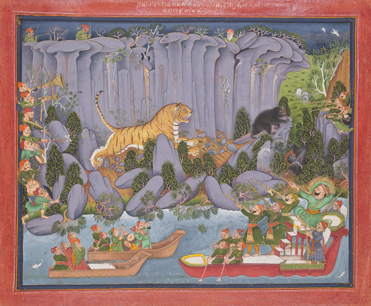 Kota school — Tiger Hunt of Ram Singh II (Hunting from a Boat) | Indian Miniature Painting Print