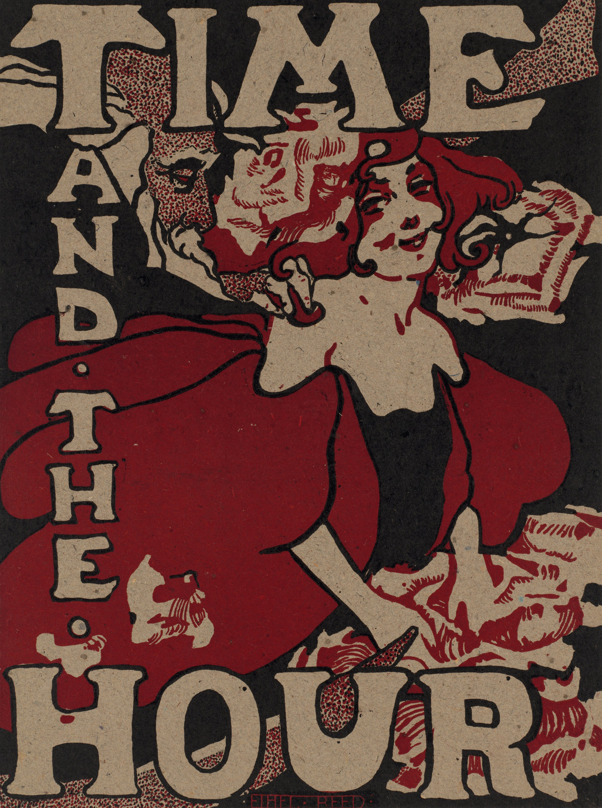 Time and the Hour by Ethel Reed — A smiling red-haired woman in a red cape with bearded faces behind