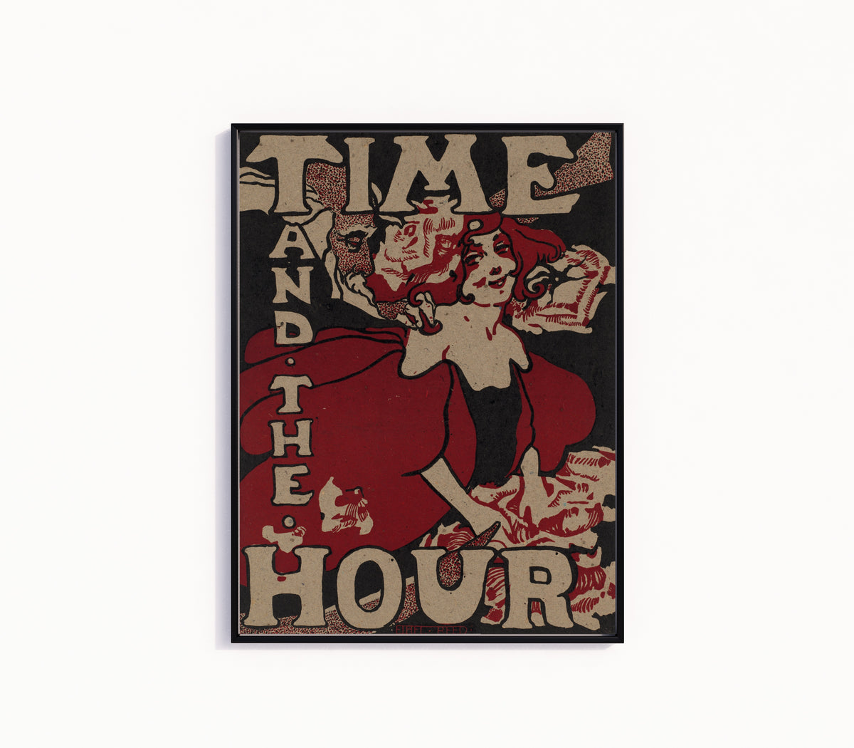 Framed art print of Time and the Hour by Ethel Reed, in a slim black frame on a plain white wall